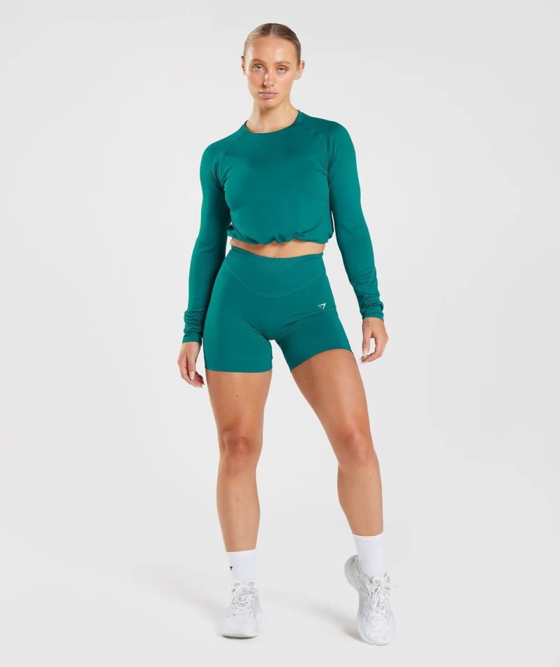 Women's Gymshark Sweat Seamless Long Sleeve Cropped Tops Turquoise | CA 637N01